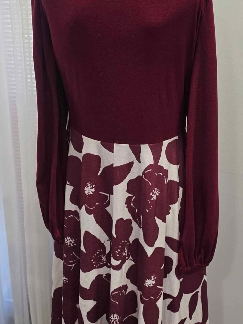 1038 Moyabo Long Slv V-Neck Midi Flared Tank Purple White Dress POCKETS Size L